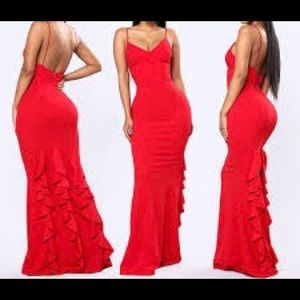 Brand New - Red, maxi, strap, mermaid, evening dress with ruffles in the back